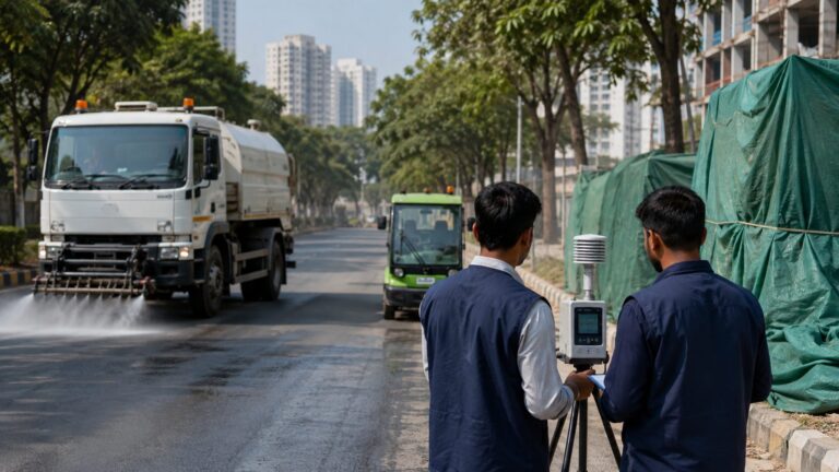 Air-quality verification team inspecting road-dust, transport and construction controls in a city