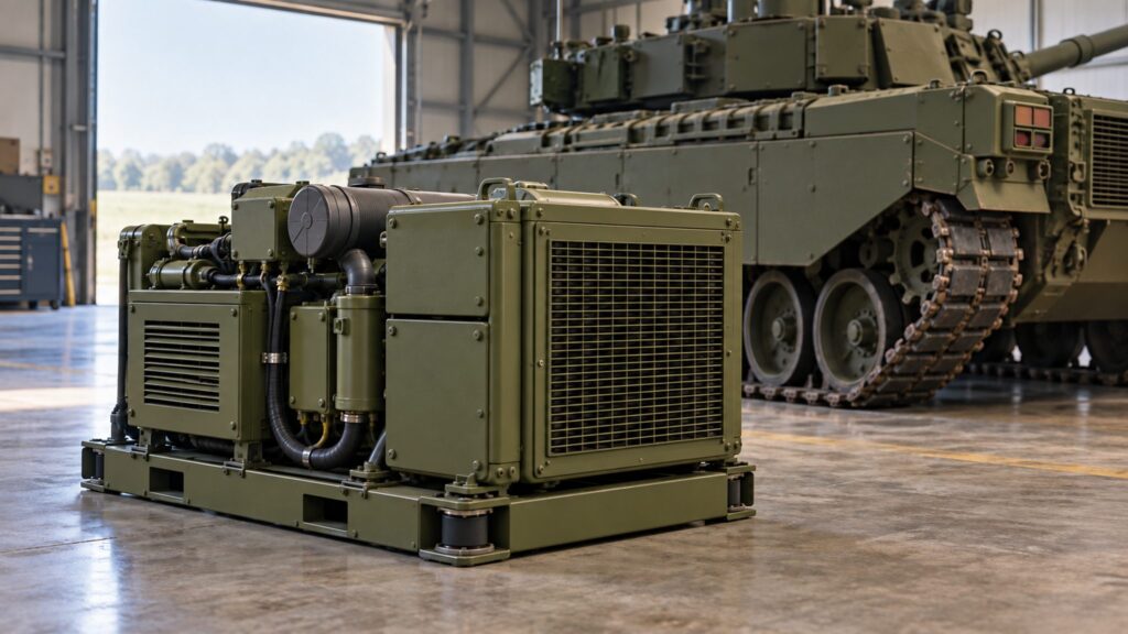 Illustrative auxiliary engine-generator module beside the rear track of an unmarked tank.