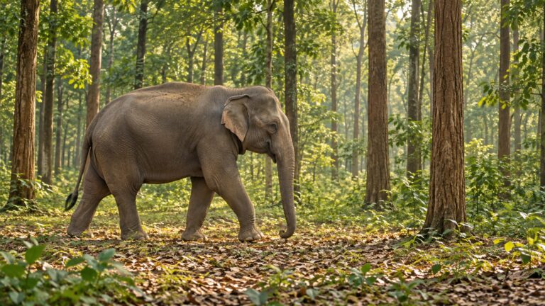 Illustrative Asian elephant walking through a sunlit forest habitat