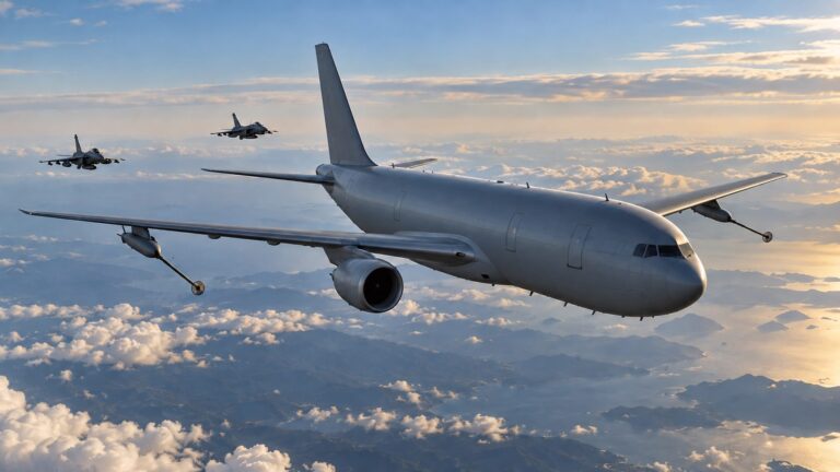 Illustrative unmarked aerial tanker and two distant aircraft above clouds