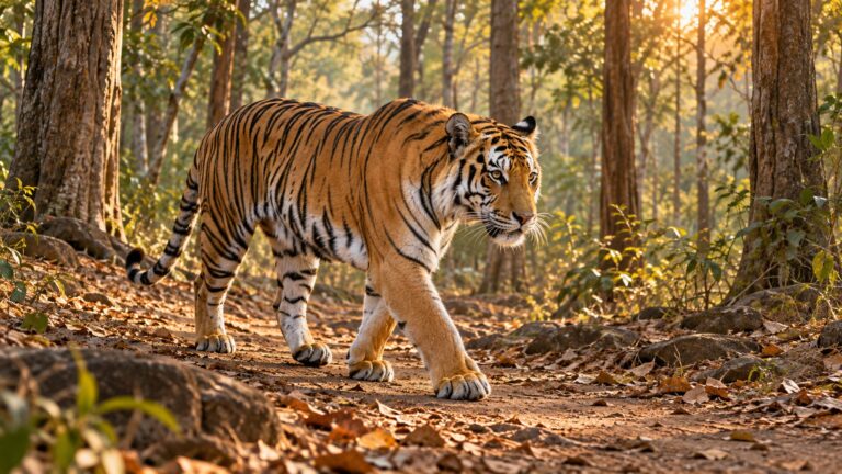Illustration of a Bengal tiger walking through a dry-deciduous forest.