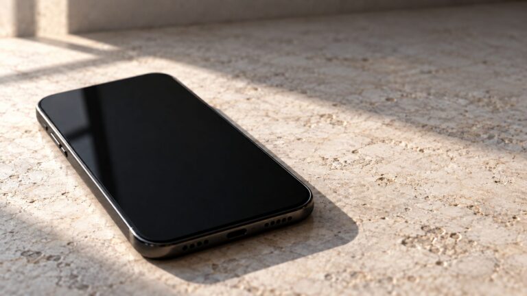 Illustrative unbranded smartphone with a dark screen on a pale stone surface