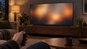 Television and handheld remote in an illustrative living-room scene