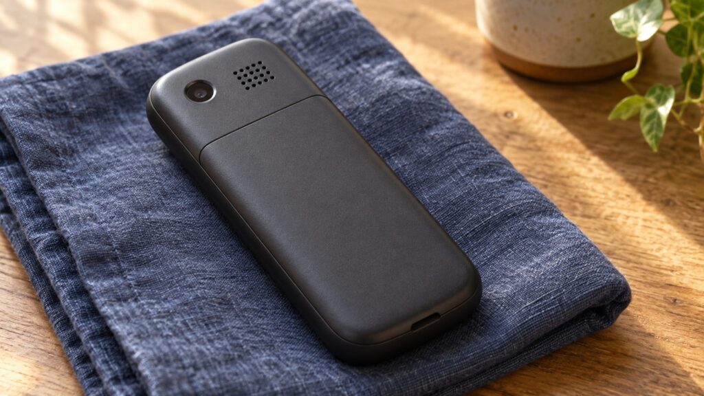 Illustrative rear view of an unbranded compact mobile phone on indigo fabric