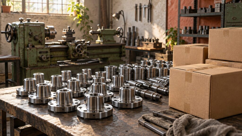 Illustrative small manufacturing workshop with finished metal components ready for dispatch