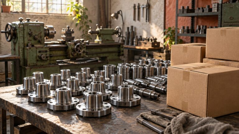 Illustrative small manufacturing workshop with finished metal components ready for dispatch