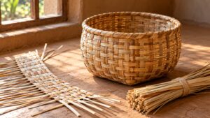 Illustrative reed basket with an unfinished rim showing interlaced fibres