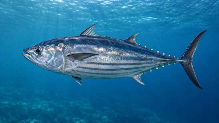 Illustrative skipjack tuna swimming in open ocean water