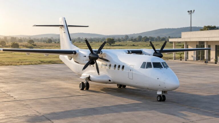 Illustrative regional turboprop beside a small airfield terminal