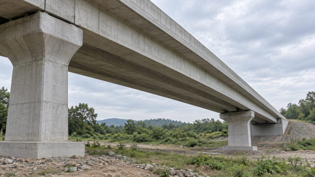 Illustrative concrete bridge span supported by two piers