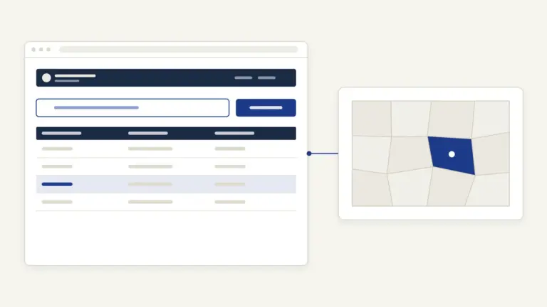 Illustration of a land records portal linked to a map of land parcels with one plot highlighted