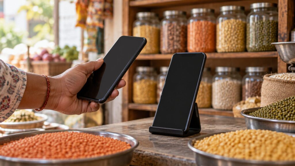 Illustrative phone payment at a grocery counter with produce and a shopping bag