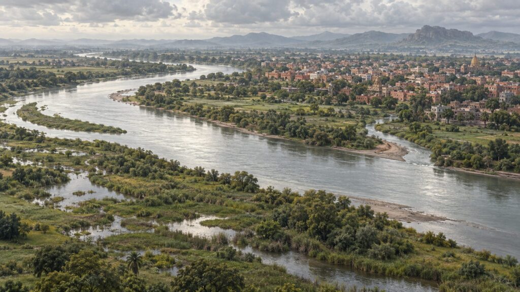 Illustrative river bend, vegetated floodplain and adjoining urban area