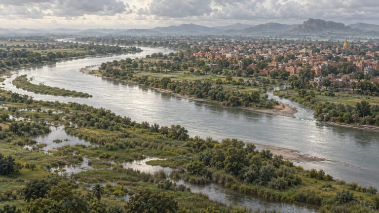 Illustrative river bend, vegetated floodplain and adjoining urban area