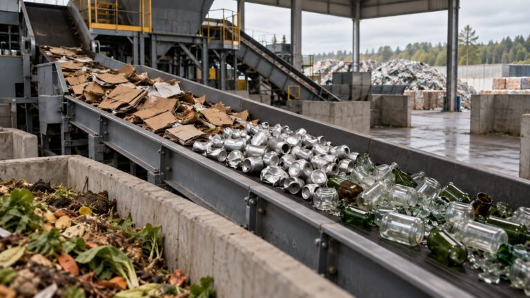 Illustrative materials-recovery conveyor with cardboard, metal and glass; not evidence of a named facility's performance.