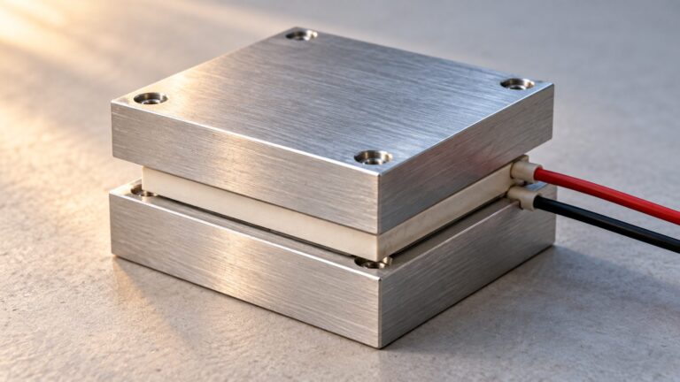 Conceptual thermoelectric module between plain metal heat-spreader blocks