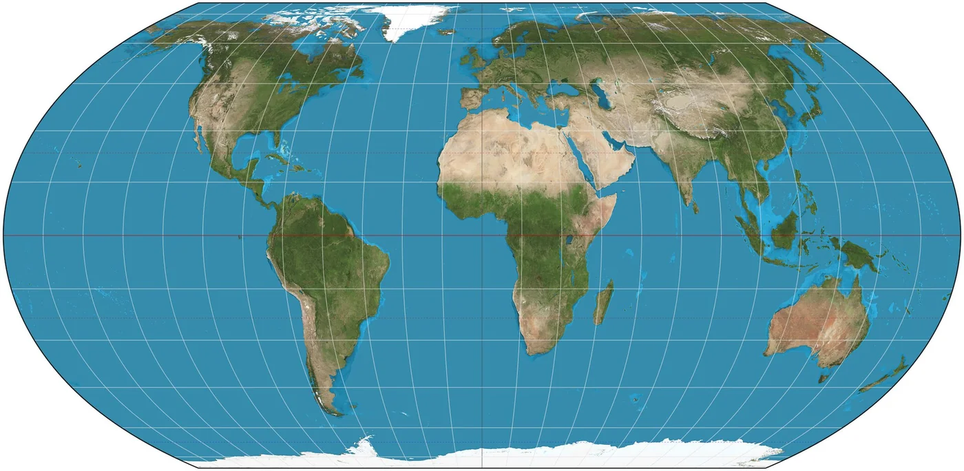 World map on the Equal Earth projection with a 15 degree graticule, showing continents at their true relative sizes, with Africa far larger than Greenland.