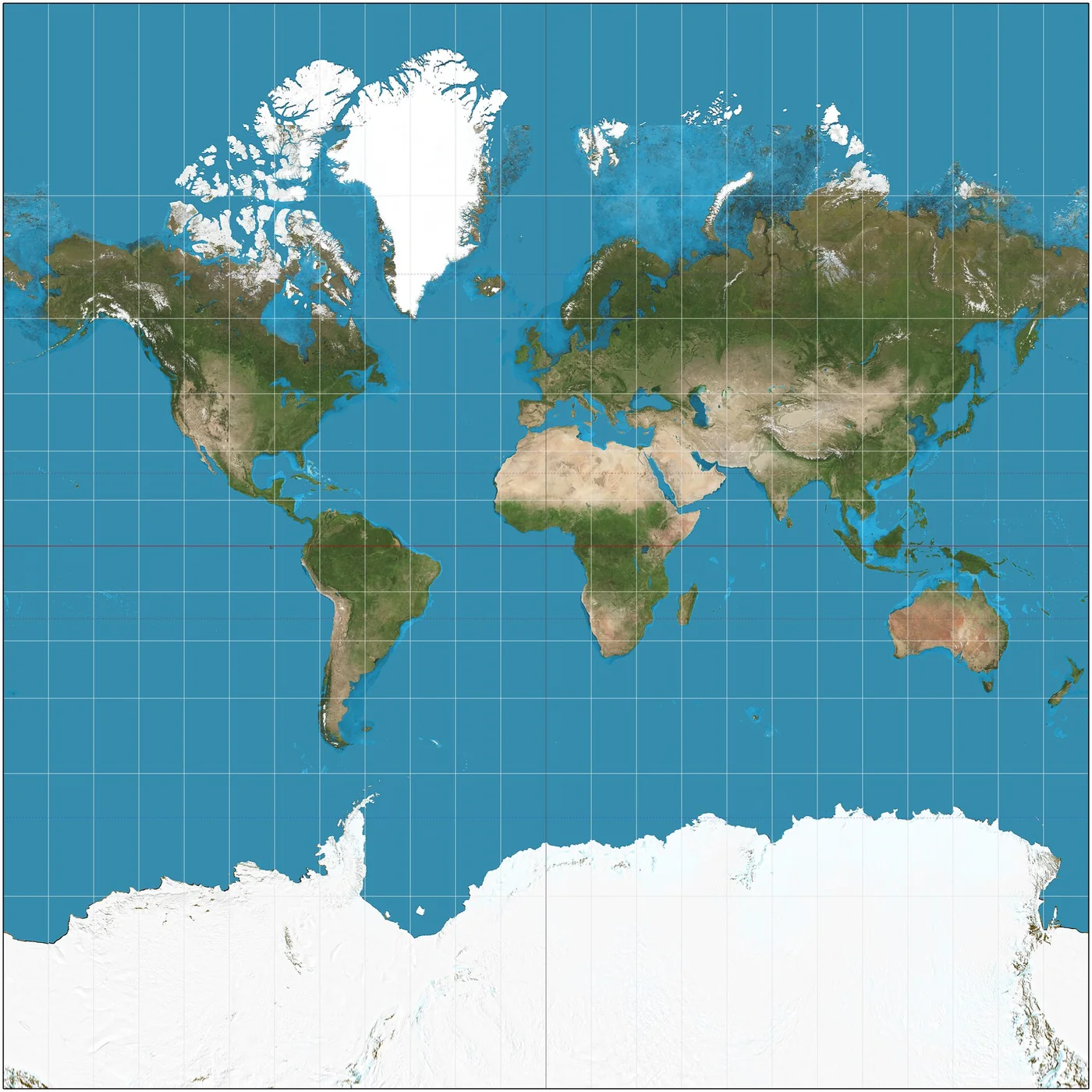 World map on the Mercator projection with a 15 degree graticule, showing Greenland drawn nearly as large as Africa and Antarctica stretched along the bottom edge.