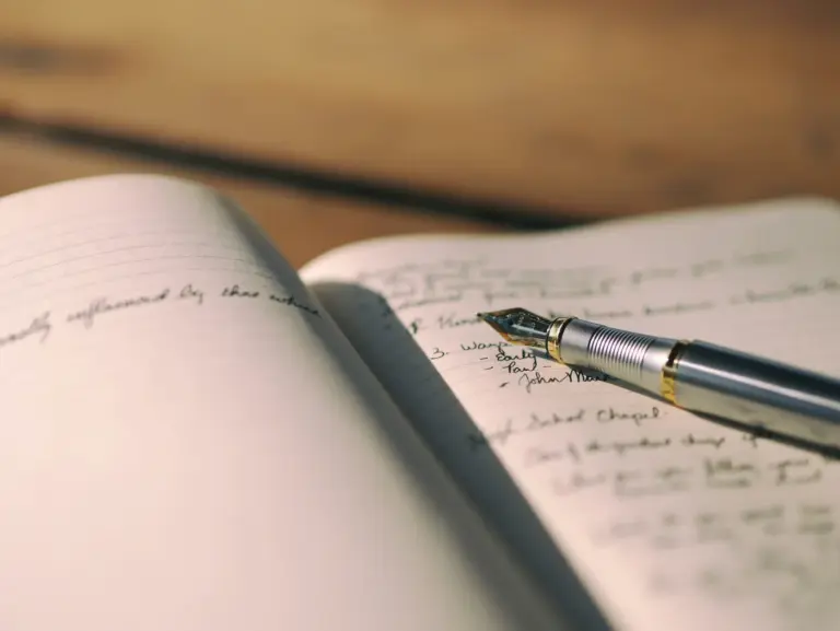 An open notebook with handwritten notes and a fountain pen. Photo by Aaron Burden on Unsplash via Unsplash.