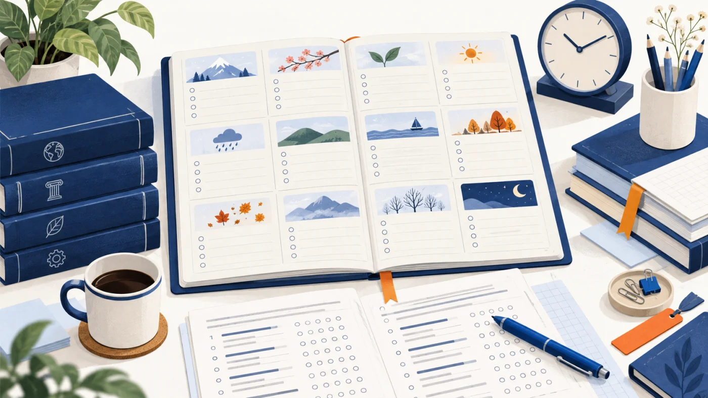 Illustration of a twelve-part annual study planner with subject books and practice question sheets.