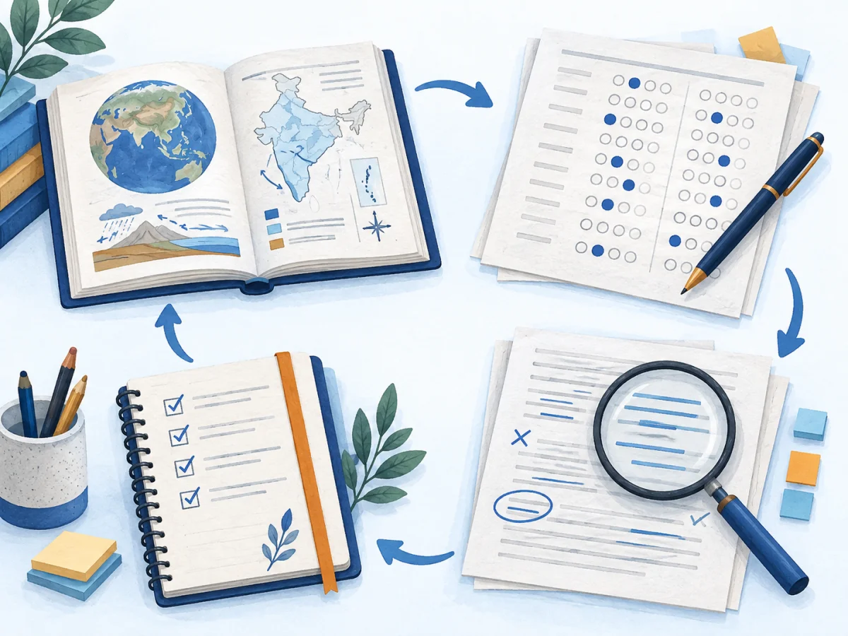Illustrated cycle connecting a subject book, practice test, reviewed answers and revision checklist.