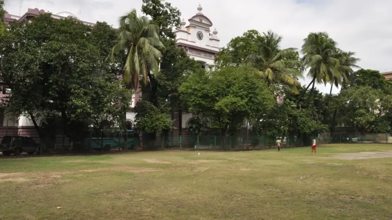 The clock tower of Presidency College, Kolkata, rises above trees and palms beyond a wide grassy playing field under a cloudy sky.