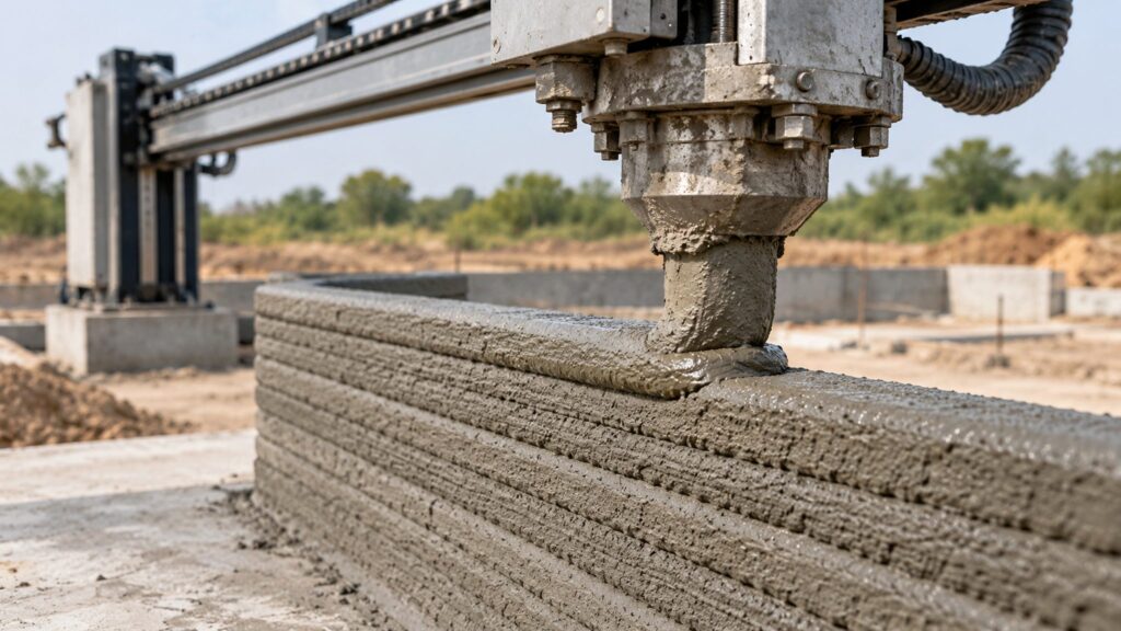 Illustrative gantry nozzle depositing fresh concrete onto a layered wall