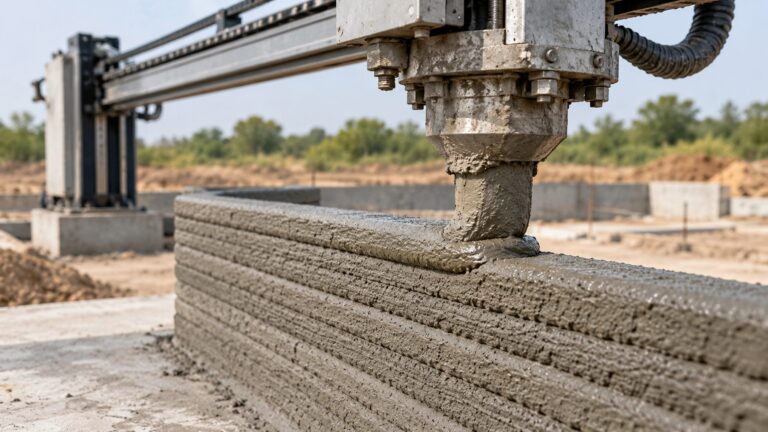 Illustrative gantry nozzle depositing fresh concrete onto a layered wall