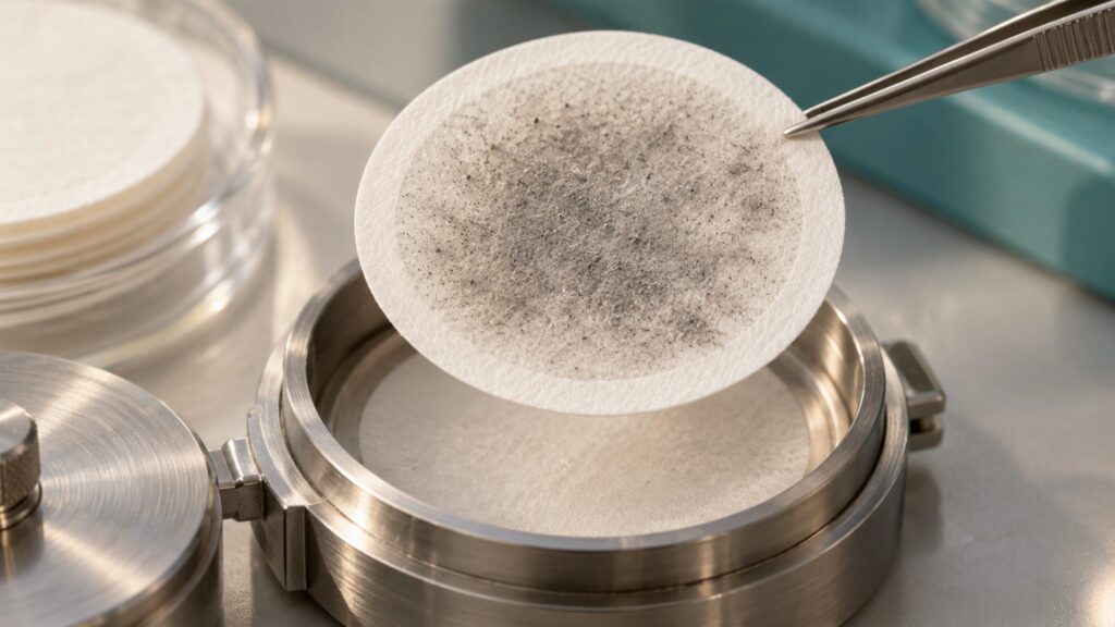 Illustrative air-sampling filter held by tweezers above a stainless filter holder.