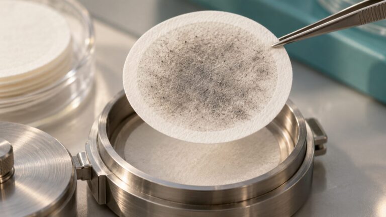 Illustrative air-sampling filter held by tweezers above a stainless filter holder.