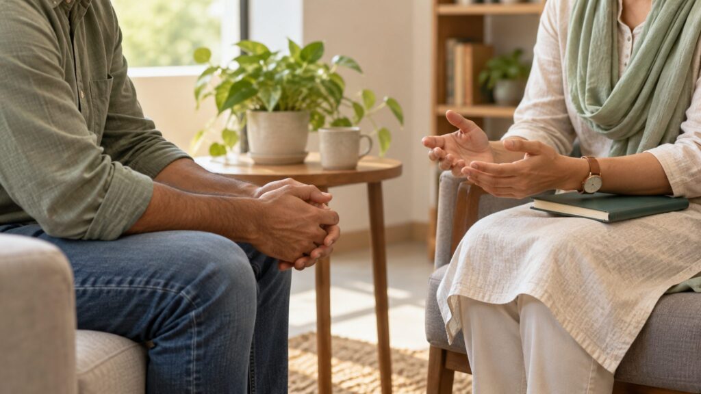 Illustrative seated consultation with anonymous adults communicating respectfully