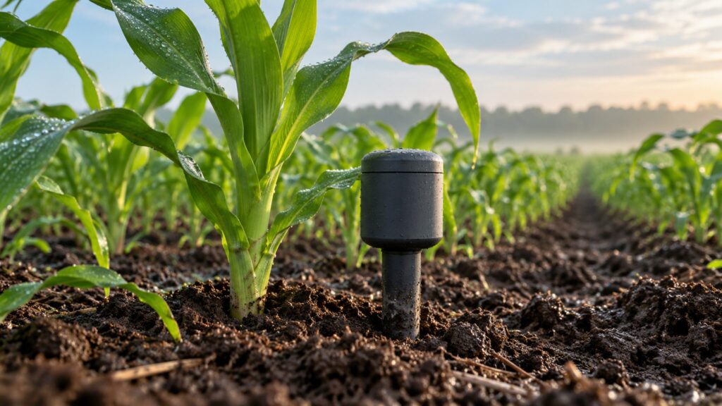 Illustrative soil-moisture sensor positioned beside young maize plants in a field.