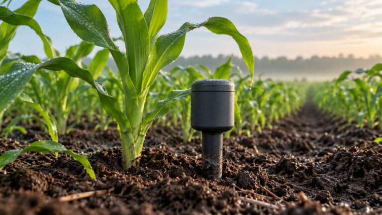 Illustrative soil-moisture sensor positioned beside young maize plants in a field.
