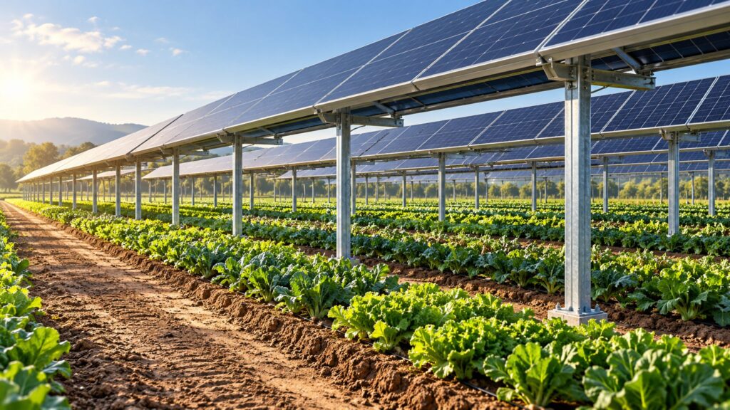 Illustrative elevated solar panels above vegetable rows with an open farm access aisle