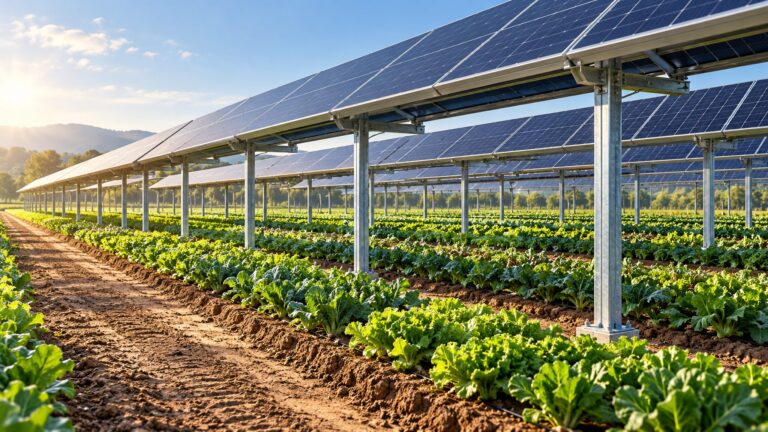Illustrative elevated solar panels above vegetable rows with an open farm access aisle