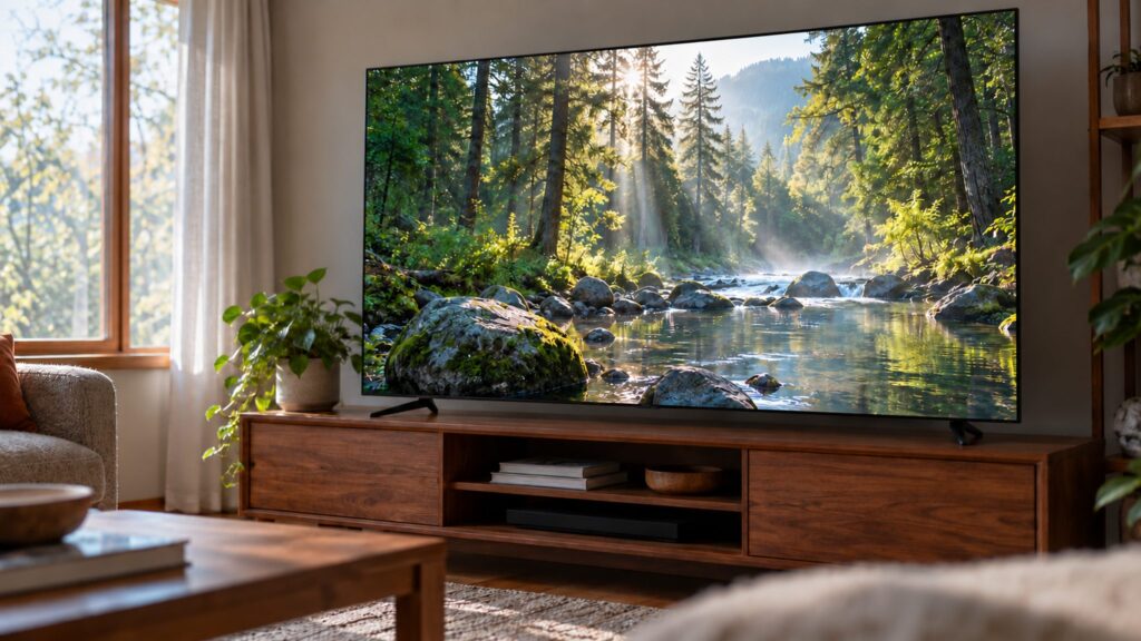 An unbranded television showing a forest scene in a modest living room