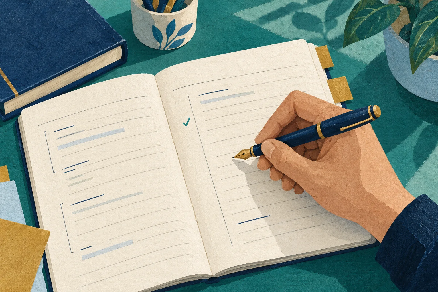 Editorial illustration of a hand writing in an open answer notebook with a fountain pen.
