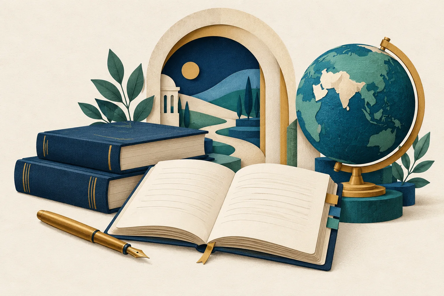 Editorial illustration of study books, an open notebook, a globe and a pen in navy, teal and ivory.