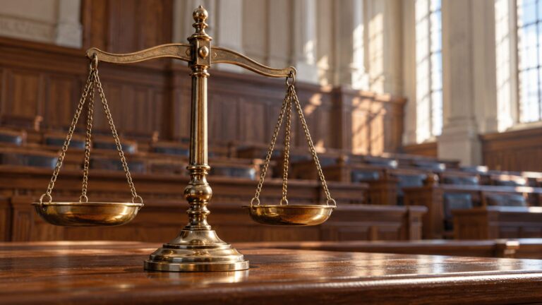 Illustrative brass balance scale with wooden legislative benches softly out of focus