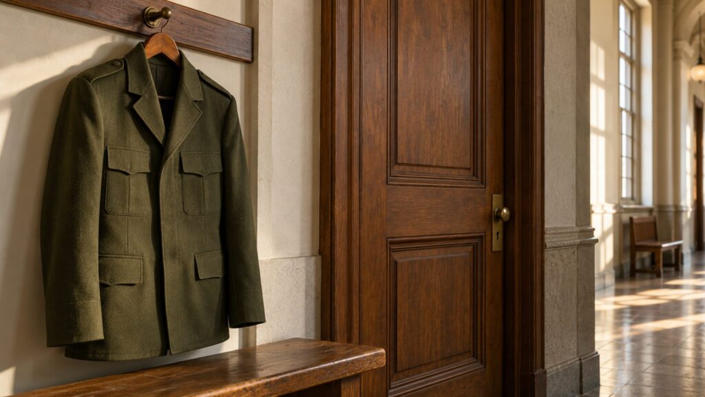 Plain olive-green jacket beside a closed wooden door, an illustrative scene about military service review