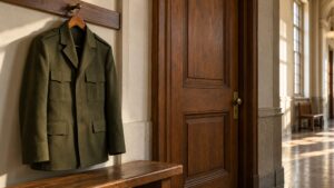 Plain olive-green jacket beside a closed wooden door, an illustrative scene about military service review