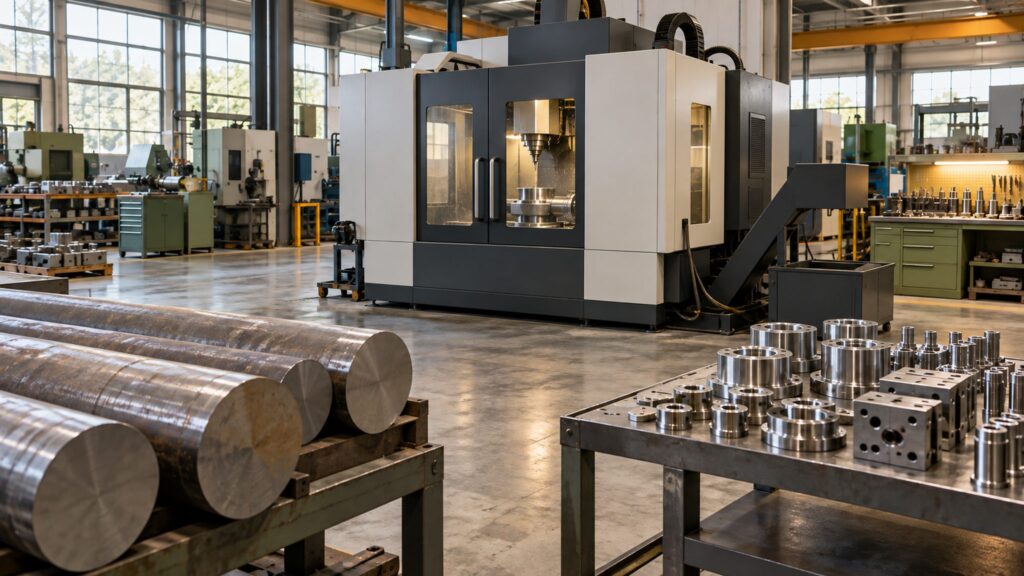 Illustrative metalworking factory with steel inputs, an enclosed machining centre and finished components
