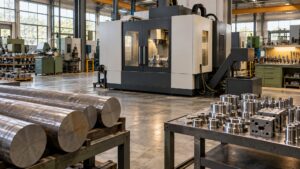 Illustrative metalworking factory with steel inputs, an enclosed machining centre and finished components