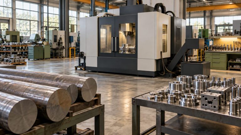 Illustrative metalworking factory with steel inputs, an enclosed machining centre and finished components