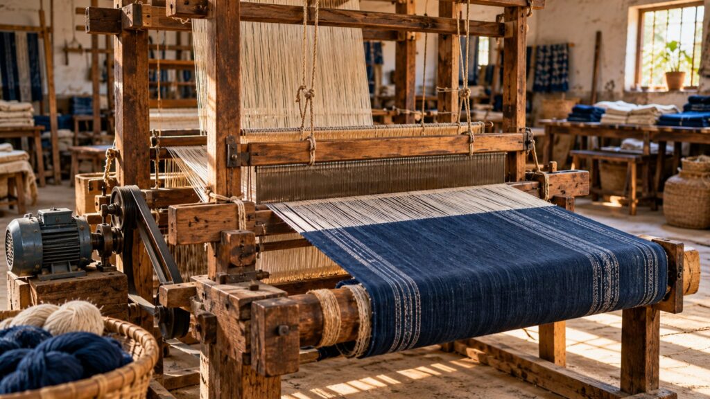 Illustrative wooden textile loom with cotton threads and indigo cloth in a small workshop
