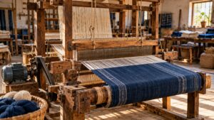 Illustrative wooden textile loom with cotton threads and indigo cloth in a small workshop