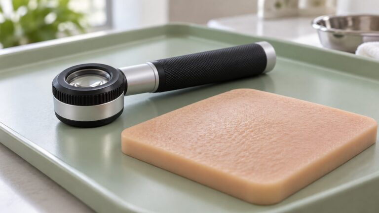 Illustrative dermatoscope beside a skin-training pad on a clinical tray