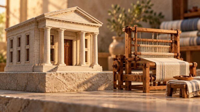 Conceptual bank model on a stone foundation beside a small textile loom