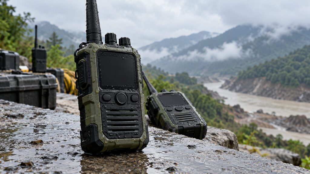 Illustrative unbranded rugged radios on a rain-wet ledge overlooking a valley