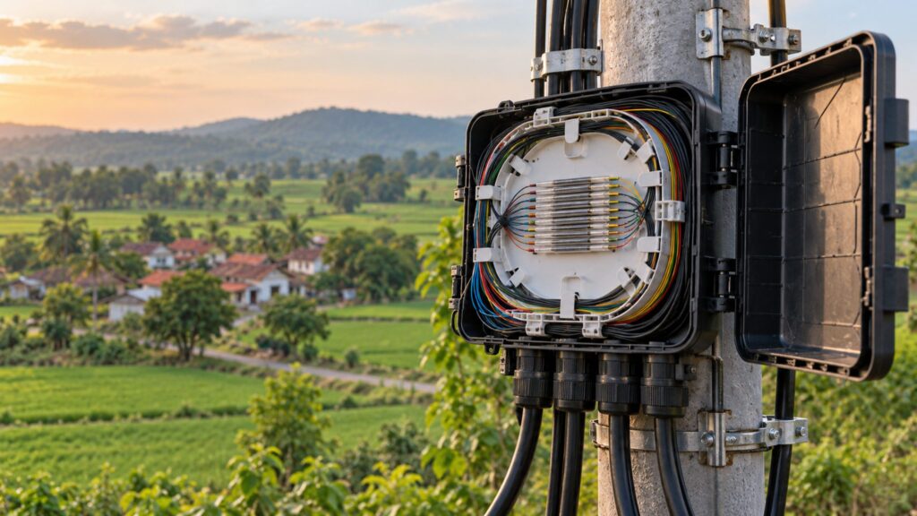 Illustrative optical-fibre splice tray and outdoor network enclosure near a rural landscape